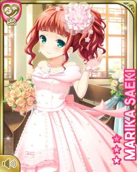 Rule 34 | 1girl, alternate hairstyle, bare shoulders, bouquet, bow, character name, church, closed mouth, collarbone, day, dress, earrings, flower, from side, girlfriend (kari), green eyes, hair bow, holding, indoors, jewelry, medium hair, necklace, official art, qp:flapper, red hair, saeki marika, smile, standing, tagme, wavy hair, wedding dress, white bow