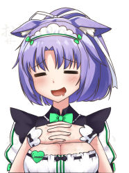 Rule 34 | 10s, 1girl, :d, = =, animal ears, blush, bow, bowtie, breasts, cat ears, character name, cinnamon (nekopara), cleavage, cleavage cutout, clothing cutout, commentary, cowfee, drooling, facing viewer, green bow, green bowtie, hair ribbon, hands on own chest, heart, interlocked fingers, large breasts, maid, maid headdress, mouth drool, name tag, nekopara, open mouth, ponytail, puffy short sleeves, puffy sleeves, purple hair, ribbon, ribbon-trimmed clothes, ribbon trim, short hair, short sleeves, simple background, smile, solo, upper body, watermark, white background, white ribbon, wrist cuffs