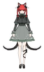 Rule 34 | 1girl, absurdres, animal ears, black bow, black footwear, bobby36446329, bow, braid, cat ears, cat tail, dress, full body, green dress, highres, kaenbyou rin, long sleeves, multiple tails, nekomata, red eyes, red hair, solo, sparkle, tail, touhou, twin braids, two tails