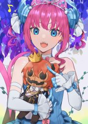 Rule 34 | 1girl, :d, blue dress, blue eyes, blush, bow, bow earrings, bowtie, character doll, commentary request, crossed bangs, crown, detached sleeves, doll, dress, earrings, elizabeth bathory (fate), elizabeth bathory (fate/extra ccc), fangs, fate/grand order, fate (series), fingerless gloves, flying sweatdrops, fujimaru ritsuka (female), fujimaru ritsuka (female) (halloween royalty), gloves, hair ornament, highres, holding, holding doll, horns, index finger raised, jewelry, long hair, looking at viewer, musical note, official alternate costume, open mouth, pink hair, pointing, pointy ears, smile, solo, teeth, upper body, upper teeth only, white bow, white bowtie, white gloves, younomiti
