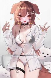 Rule 34 | 1girl, absurdres, animal ears, bare shoulders, blush, bone hair ornament, breasts, brown eyes, brown hair, choker, cleavage, collar, collarbone, dog ears, dog girl, dog tail, dress shirt, fangs, hair between eyes, hair ornament, highres, hololive, inugami korone, kkato, long hair, looking at viewer, medium breasts, o-ring, o-ring choker, open mouth, panties, see-through, see-through shirt, shirt, skin fangs, smile, solo, tail, thigh strap, thighs, two-tone bra, underwear, virtual youtuber, white panties, white shirt, yellow nails