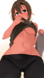 Rule 34 | 1girl, absurdres, apple (ygbhjdbiulsg), black pants, blush, breasts, brown hair, clothes lift, commentary request, cowboy shot, from below, gluteal fold, gradient background, green eyes, hair between eyes, highres, holding, holding towel, idolmaster, idolmaster cinderella girls, lifted by self, looking at viewer, looking down, medium breasts, navel, pants, shirt lift, short hair, sleeveless, solo, stomach, tada riina, tank top, towel, underboob, white background, wiping sweat, yoga pants