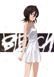 Rule 34 | 1girl, arms at sides, bare shoulders, black hair, bleach, bob cut, breasts, commentary, copyright name, cowboy shot, dress, furrowed brow, hair between eyes, isshi pyuma, kuchiki rukia, looking at viewer, looking to the side, parted lips, purple eyes, short dress, short hair, sleeveless, sleeveless dress, small breasts, solo, standing, white background, white dress