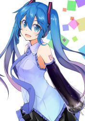 Rule 34 | 1girl, absurdres, aqua eyes, blue hair, blush, detached sleeves, hair between eyes, hatsune miku, headset, highres, kazenoko, long hair, looking at viewer, necktie, open mouth, revision, see-through, solo, tattoo, twintails, very long hair, vocaloid, white background