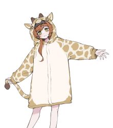 Rule 34 | 1girl, :3, animal hood, blush, braid, checkered hairband, fake tail, giraffe hood, green eyes, holding own tail, hood, kkoma, korean commentary, long hair, looking at viewer, orange hair, outstretched arms, reverse:1999, simple background, solo, sonetto (reverse:1999), spread arms, tail, white background