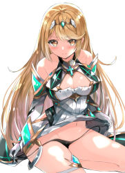 Rule 34 | 1girl, armor, bare shoulders, black panties, blonde hair, blush, breasts, chest jewel, cleavage, cleavage cutout, closed mouth, clothing cutout, commentary request, dress, elbow gloves, gem, gloves, green gemstone, hair ornament, headpiece, jewelry, large breasts, long hair, looking at viewer, mythra (xenoblade), navel, nintendo, panties, seiza, shoulder armor, shy, simple background, sitting, solo, staring, thigh strap, thighs, tiara, tomura2maru, tsundere, underwear, very long hair, white background, white dress, white gloves, wide hips, xenoblade chronicles (series), xenoblade chronicles 2, yellow eyes