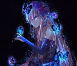 Rule 34 | 1girl, artist request, bare shoulders, black background, blue butterfly, blue eyes, blue flower, blue rose, breasts, bridal gauntlets, bug, butterfly, collarbone, cropped, dark background, dated, detached sleeves, dress, flower, frilled dress, frills, glowing, hair ornament, head wreath, highres, insect, knees, light particles, long hair, looking at animal, looking at another, looking at hand, nail polish, one eye covered, original, pink hair, portrait, purple hair, rose, signature, sitting, small breasts, source request, wallpaper
