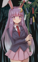 Rule 34 | 1girl, animal ears, bamboo, blouse, buttons, closed mouth, collared shirt, cosplay, crescent, crescent hair ornament, hair between eyes, hair ornament, highres, holding, japanese text, light purple hair, long hair, long sleeves, looking at viewer, medium skirt, namiki (remiter00), necktie, patchouli knowledge, pink skirt, pleated skirt, puffy short sleeves, puffy sleeves, purple hair, rabbit ears, red necktie, reisen udongein inaba, reisen udongein inaba (cosplay), shirt, short sleeves, skirt, solo, tagme, tanabata, touhou, very long hair, white shirt