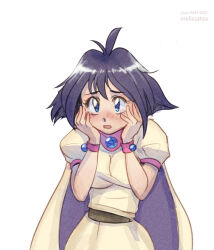 Rule 34 | 1girl, amelia wil tesla seyruun, artist name, belt, black belt, black hair, blue eyes, blush, bracelet, breasts, brown cape, brown dress, cape, dress, embarrassed, hands on own cheeks, hands on own face, impossible clothes, jewelry, medium breasts, melissatea, pixiv id, puffy short sleeves, puffy sleeves, short hair, short sleeves, slayers, solo, star (symbol), white background