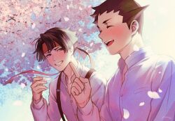 Rule 34 | 2boys, :d, ^ ^, ace attorney, amemomism, black hair, blue sky, blush, brown eyes, brown hair, cherry blossoms, closed eyes, collared shirt, commentary request, cup, day, grin, hand up, holding, holding cup, index finger raised, kazuma asogi, long sleeves, looking at another, male focus, multiple boys, open mouth, outdoors, partially unbuttoned, petals, ryunosuke naruhodo, sakazuki, shirt, short hair, sky, smile, spring (season), suspenders, teeth, the great ace attorney, tree, upper body, white shirt