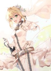 Rule 34 | 1girl, :d, ahoge, blonde hair, fate/grand order, fate (series), gloves, highres, long hair, long sleeves, looking at viewer, nero claudius (bride) (fate), nero claudius (fate), nero claudius (fate) (all), nozawa noko, open mouth, short hair, simple background, skirt, smile, solo, sword, teeth, w, weapon, white gloves