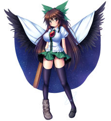 Rule 34 | 1girl, arm cannon, asymmetrical footwear, bird wings, black thighhighs, black wings, blush, bow, breasts, brown eyes, brown hair, cape, female focus, hair bow, impossible clothes, impossible shirt, large breasts, large wings, long hair, looking at viewer, mismatched footwear, puffy sleeves, red eyes, reiuji utsuho, shirt, short sleeves, simple background, skirt, solo, standing, takeponi, thighhighs, third eye, touhou, very long hair, weapon, white background, wings, zettai ryouiki