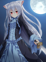 Rule 34 | 1girl, @ @, animal ears, arms at sides, bad id, bad pixiv id, black dress, blush, cat ears, closed eyes, commentary request, cowboy shot, dress, fingernails, full moon, gothic lolita, hair between eyes, highres, holding, holding sword, holding weapon, katana, kurimu (crim soda), lolita fashion, long hair, long sleeves, looking at viewer, looking down, moon, moonlight, night, night sky, nora cat, nora cat channel, red eyes, silver hair, sky, smile, solo, sword, very long hair, virtual youtuber, weapon