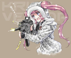 Rule 34 | 1girl, casing ejection, cheek squash, coat, colored eyelashes, commentary request, firing, fur-trimmed coat, fur trim, gun, head tilt, highres, hood, hood up, hooded coat, charm (object), kriss vector, laughing, long hair, matsumoto tomoki, muzzle flash, neeko (matsumoto tomoki), open mouth, original, pink eyes, shell casing, signature, simple background, solo, submachine gun, tan background, translated, translation request, twintails, very long hair, weapon