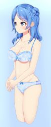 Rule 34 | 10s, 1girl, absurdres, bare arms, bare shoulders, blue background, blue bow, blue bra, blue eyes, blue hair, blue panties, blush, bow, bow bra, bow panties, bra, breasts, cleavage, closed mouth, collarbone, cropped legs, fidgeting, gradient background, hair bun, highres, kantai collection, lace, lace-trimmed bra, lace trim, legs together, lingerie, medium breasts, myanon (r-tone), navel, nervous, panties, shiny skin, short hair, single hair bun, solo, standing, stomach, swept bangs, tareme, thighs, underwear, underwear only, urakaze (kancolle)