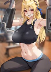 Rule 34 | 1girl, :d, absurdres, adidas, armpits, arms up, bare arms, bare shoulders, black pants, black sports bra, blonde hair, blurry, blurry background, braid, breasts, covered erect nipples, crop top, depth of field, exercising, exercise machine, gym, hair ribbon, highres, indoors, large breasts, long hair, looking at viewer, midriff, navel, open mouth, original, pants, red eyes, rehu, ribbon, sidelocks, sitting, sleeveless, smile, solo, sports bra, stomach, sweat, track pants
