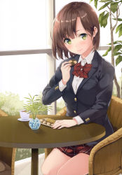 Rule 34 | 1girl, absurdres, blazer, blush, bow, breasts, brown hair, buttons, chair, checkerboard cookie, closed mouth, cookie, cup, fingernails, food, green eyes, highres, holding, holding food, jacket, lips, long sleeves, looking at viewer, medium breasts, original, scan, shiny skin, shirt, short hair, sitting, skirt, smile, solo, table, tea, teacup, unasaka ryou, white shirt