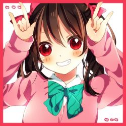 Rule 34 | 10s, 1girl, \m/, bad id, bad pixiv id, black hair, border, bow, cardigan, double \m/, hair bow, heart, looking at viewer, love live!, love live! school idol project, nico nico nii, red border, red eyes, rinndouk, school uniform, short hair, simple background, smile, solo, twintails, yazawa nico