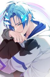 Rule 34 | 1boy, blue hair, from side, green eyes, highres, hk (hk 0507), holostars, holostars english, hood, hoodie, hugging own legs, knees up, light blush, looking to the side, male focus, narrowed eyes, regis altare, short hair, sitting, solo, tongue, tongue out, upper body, virtual youtuber, white background, white hoodie