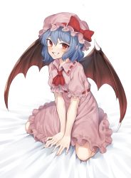 Rule 34 | 1girl, absurdres, ascot, blue hair, blush, bow, commentary, demon wings, dress, goback, hat, hat bow, highres, looking at viewer, mob cap, on bed, pink dress, red ascot, red eyes, remilia scarlet, short hair, short sleeves, sitting, slit pupils, smile, solo, touhou, v arms, wings