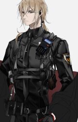 Rule 34 | 1boy, absurdres, alkaid mcgrath, belt, belt buckle, belt pouch, black belt, black gloves, black jacket, black pants, black shirt, blonde hair, breast pocket, buckle, closed mouth, collared shirt, earpiece, gloves, green eyes, gun, hair between eyes, handgun, highres, holster, jacket, jacket partially removed, jiuchuansi, long sleeves, looking at viewer, lovebrush chronicles, male focus, medium hair, necktie, pants, pocket, police, pouch, red background, red gloves, serious, shirt, shoulder holster, sideways glance, solo, standing, tie clip, two-tone background, two-tone gloves, undressing, upper body, walkie-talkie, weapon, white background