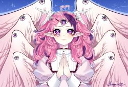 Rule 34 | 1girl, absurdres, ahoge, angel, biblically accurate angel, commentary, crying, crying with eyes open, dress, english commentary, extra eyes, hair behind ear, head wings, heart, heart ahoge, heart hair, highres, ironmouse, juliet sleeves, long hair, long sleeves, multiple wings, own hands together, parted bangs, pink dress, pink hair, pointy ears, puffy sleeves, purple eyes, purple hair, seraph, solo, tears, third eye, virtual youtuber, vshojo, wings, yuzueriin