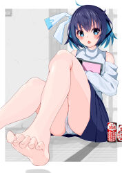 Rule 34 | 16bit sensation, 1girl, ahoge, akisato konoha, aosakana com, aqua eyes, aqua hair, bare shoulders, barefoot, black skirt, blue hair, blue sweater, blush, border, cameltoe, can, chestnut mouth, fang, feet, foot focus, foot out of frame, foreshortening, frown, grey background, hair between eyes, hair ribbon, highres, indoors, knees up, looking at viewer, lower teeth only, miniskirt, multicolored hair, off-shoulder sweater, off shoulder, open mouth, panties, pantyshot, pleated skirt, ribbon, short hair, shy, simple background, sitting, skin fang, skirt, soles, solo, sweater, teeth, thighs, toenails, toes, two-tone hair, underwear, v-shaped eyebrows, white border, white panties, white ribbon