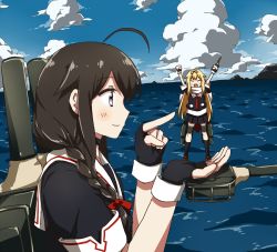 Rule 34 | 10s, 2girls, ahoge, any (lucky denver mint), arms up, black serafuku, blonde hair, blue sky, braid, brown hair, closed eyes, cloud, day, fingerless gloves, forced perspective, gloves, grey eyes, hair flaps, hair over shoulder, hair ribbon, kantai collection, long hair, multiple girls, ocean, open hand, open mouth, outdoors, perspective, pointing, ribbon, school uniform, serafuku, shigure (kancolle), single braid, sky, smile, yuudachi (kancolle)