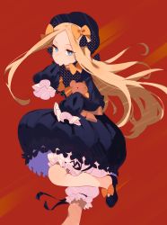 Rule 34 | 1girl, abigail williams (fate), absurdres, arutera, black bow, black dress, black footwear, black hat, black ribbon, bloomers, bow, bug, butterfly, dress, fate/grand order, fate (series), hair bow, hat, highres, holding, holding stuffed toy, hugging object, insect, leg up, long hair, looking at viewer, orange bow, polka dot, polka dot bow, red background, ribbon, solo, stuffed animal, stuffed toy, teddy bear, underwear, very long hair, white bloomers