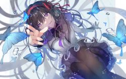 Rule 34 | 1girl, akemi homura, arm up, black hair, black pantyhose, black skirt, blue butterfly, bug, butterfly, chinese commentary, commentary request, feet out of frame, foreshortening, from above, hair in own mouth, hair ribbon, hairband, highres, insect, long hair, looking up, mahou shoujo madoka magica, mahou shoujo madoka magica (anime), neck ribbon, outstretched arms, pantyhose, reaching, red hairband, ribbon, sijibuxianghuahua, skirt, solo, sparkle, water drop