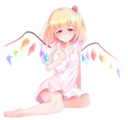 Rule 34 | 1girl, absurdres, alternate costume, barefoot, blonde hair, blush, bow, closed mouth, crystal, flandre scarlet, hair bow, highres, red eyes, septet (zrca janne), side ponytail, sitting, solo, touhou, wings, yokozuwari