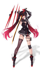 Rule 34 | 1girl, :o, absurdres, android, black dress, black footwear, boots, brown gloves, colomar, dress, elbow gloves, full body, gloves, highres, holding, holding sword, holding weapon, katana, knee pads, long hair, looking at viewer, lucia: dawn (punishing: gray raven), lucia (punishing: gray raven), open mouth, punishing: gray raven, red hair, shadow, simple background, single knee pad, single thighhigh, sleeveless, sleeveless dress, solo, standing, sword, thighhighs, twintails, weapon, white background