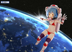 Rule 34 | 1girl, armpits, astronaut, atg (wttoo0202), bare shoulders, bikini, black thighhighs, blue hair, boots, child, cloud, earth (planet), facebook, flag print, flat chest, gloves, helmet, highres, looking at viewer, navel, open mouth, original, planet, print bikini, red bikini, republic of china flag, republic of china flag bikini, scenery, short hair, side-tie bikini bottom, solo, space, space helmet, spacesuit, star (symbol), sun, swimsuit, teeth, thigh gap, thighhighs, yellow eyes