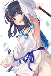 Rule 34 | 1girl, arm up, armpits, bare shoulders, black hair, blue eyes, blue ribbon, blush, breasts, collarbone, dress, fate/grand order, fate/requiem, fate (series), fundoshi, japanese clothes, jewelry, long sleeves, looking at viewer, magatama, magatama hair ornament, medium breasts, medium hair, multicolored hair, necklace, open mouth, panda inu, pelvic curtain, pink hair, polearm, puffy long sleeves, puffy sleeves, ribbon, seigaiha, short dress, sideboob, sideless outfit, spear, streaked hair, utsumi erice, water drop, weapon, white background, white dress