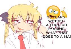 Rule 34 | 1girl, blonde hair, constricted pupils, emoji, english text, fang, hair ribbon, highres, implied footjob, kill me baby, looking at viewer, meme, messy hair, necktie, open mouth, pointing, pointing at self, poppos, ribbon, school uniform, sketch, sonya (kill me baby), upper body, white background