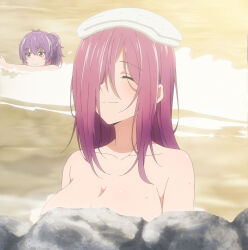 Rule 34 | 2girls, absurdres, aoba kurage, bare shoulders, blush, breasts, closed eyes, collarbone, completely nude, hair over one eye, highres, kiki (temple), large breasts, long hair, multiple girls, nude, onsen, partially submerged, ponytail, purple hair, red eyes, screencap, sidelocks, smile, stitched, temple (series), third-party edit, towel, towel on head, water