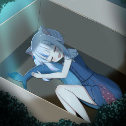 Rule 34 | 1girl, :d, absurdres, animal ears, blue dress, blue hair, blush, box, cardboard box, cat ears, closed eyes, commentary, cube hair ornament, dress, fins, fish tail, gawr gura, gawr gura (casual), grey hair, hair ornament, highres, hololive, hololive english, hugging own tail, hugging tail, in box, in container, jiu (sdesd3205), lying, multicolored hair, night, official alternate costume, on side, open mouth, outdoors, shark tail, sharp teeth, shirt, side ponytail, sleeveless, sleeveless dress, smile, solo, streaked hair, tail, teeth, virtual youtuber, white shirt