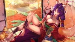 Rule 34 | 1girl, absurdres, animal ear fluff, animal ears, architecture, breasts, east asian architecture, fang, fox ears, fox girl, fox tail, furisode, highres, holding, holding smoking pipe, japanese clothes, kimono, kiseru, large breasts, long hair, multiple tails, nail polish, obi, off shoulder, open mouth, orange eyes, original, smoking pipe, purple hair, radishkek, red kimono, sash, sitting, sliding doors, slit pupils, solo, tail, tatami, wide sleeves