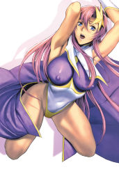 Rule 34 | 00s, 1girl, arm behind head, armpits, arms up, blue eyes, breasts, cape, capelet, covered erect nipples, covered navel, gloves, gundam, gundam seed, gundam seed destiny, hair ornament, highleg, highleg leotard, highres, homare (fool&#039;s art), kneeling, large breasts, legs, leotard, long hair, looking at viewer, meer campbell, open mouth, pink hair, shadow, simple background, skirt, solo, star (symbol), star hair ornament, thighs, white background