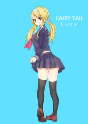 Rule 34 | 1girl, ass, black sailor collar, black serafuku, black shirt, black skirt, black thighhighs, blonde hair, blue background, blue scrunchie, brown eyes, character name, copyright name, fairy tail, from behind, full body, hair ornament, hair scrunchie, hairband, highres, loafers, long hair, long sleeves, looking at viewer, lucy heartfilia, miniskirt, neckerchief, pleated skirt, red footwear, red neckerchief, sailor collar, school uniform, scrunchie, serafuku, shirt, shoes, simple background, skirt, smile, solo, standing, thighhighs, twintails, white hairband, xsorax812