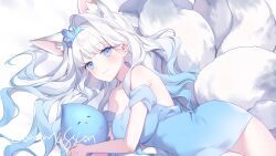 Rule 34 | 1girl, animal ear fluff, animal ears, bare shoulders, blue dress, blue eyes, blue hair, blush, closed mouth, commission, dress, fox ears, fox girl, fox tail, gradient hair, grey hair, hair intakes, headpiece, highres, kitsune, looking at viewer, lying, moffle (ayabi), multicolored hair, on side, original, smile, solo, tail
