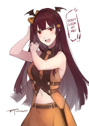Rule 34 | 1girl, absurdres, bow, collared shirt, commentary, food-themed hair ornament, girls&#039; frontline, hair bow, hair ornament, hairband, halloween, hard-translated, hei chuan gui, highres, long hair, looking at viewer, navel, necktie, open mouth, pumpkin hair ornament, purple hair, red eyes, shirt, simple background, third-party edit, translated, very long hair, wa2000 (girls&#039; frontline), white background