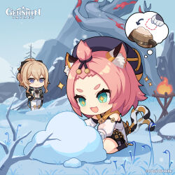 Rule 34 | 2girls, absurdres, afterimage, animal ear fluff, animal ears, aqua eyes, belt, black belt, black footwear, black gloves, black ribbon, blonde hair, boots, breasts, capelet, cat ears, cat tail, chibi, closed mouth, cloud, commentary, copyright name, diona (genshin impact), dot nose, english commentary, fang, fire, flower, forehead, genshin impact, gloves, hair between eyes, hair ribbon, hat, high ponytail, highres, jean (genshin impact), jean (gunnhildr&#039;s legacy) (genshin impact), long hair, long sleeves, looking at another, medium breasts, motion lines, mountain, multiple girls, official alternate costume, official art, open mouth, outdoors, pants, pink hair, puffy long sleeves, puffy sleeves, purple eyes, purple pupils, ribbon, seiza, short shorts, shorts, sitting, smile, sparkling eyes, standing, tail, tail wagging, thick eyebrows, tree, v-shaped eyebrows, white footwear, white pants