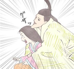 Rule 34 | 1boy, 1girl, black hair, character request, chin, copyright request, hug, hug from behind, impaled, japanese clothes, kaguya-hime no monogatari, kaguya hime, kimono, layered clothes, layered kimono, long hair, mikado (kaguya-hime no monogatari), miruku kintoki, open mouth, parody, pointy chin, simple background, sitting, studio ghibli, translation request, white background