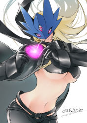 Rule 34 | 1girl, absurdres, artist name, bang, beelstarmon, belt, belt collar, black belt, black gloves, black jacket, black pants, blonde hair, blue mask, breasts, collar, digimon, digimon (creature), digimon tamers, finger gun, gloves, glowing, grey background, groin, hands up, heart, heart-shaped pupils, heart hands, highres, jacket, jiyuuya, large breasts, leaning forward, light, long hair, long sleeves, mask, navel, pants, red eyes, revealing clothes, shiny clothes, simple background, smile, solo, stomach, symbol-shaped pupils, tail, underboob, wings