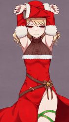 Rule 34 | 1girl, armpits, arms up, bare shoulders, blonde hair, breasts, bright pupils, christmas, closed mouth, commentary request, covered navel, cowboy shot, detached sleeves, dress, fur-trimmed dress, fur-trimmed sleeves, fur trim, gokusai kaibi, grey background, hat, highres, irokohaku, looking at viewer, medium hair, no panties, red dress, red eyes, santa dress, santa hat, side slit, sleeveless, sleeveless dress, small breasts, smile, solo, standing, swept bangs, thigh strap, toaru majutsu no index, white pupils