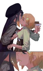 Rule 34 | 2girls, absurdres, after kiss, black dress, blonde hair, breasts, cake, chinese commentary, closed eyes, collared shirt, crumbs, dress, food, french kiss, grey shirt, hair ornament, highres, holding, holding plate, hololive, hololive english, kiss, long hair, looking down, lower teeth only, medium breasts, mole, mole under eye, multiple girls, necktie, ninomae ina&#039;nis, ninomae ina&#039;nis (casual), noedelsgeest, open mouth, plate, pointy ears, purple hair, red neckwear, shirt, short necktie, surprised, teeth, tentacle hair, tongue, virtual youtuber, watson amelia, watson amelia (1st costume), white background, yuri