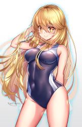 Rule 34 | + +, 1girl, alternate costume, artist name, bare shoulders, blonde hair, blue one-piece swimsuit, blush, breasts, collarbone, commentary, competition swimsuit, hair between eyes, highres, kaptivate, large breasts, long hair, looking at viewer, matching hair/eyes, one-piece swimsuit, school swimsuit, shokuhou misaki, smile, solo, swimsuit, symbol-shaped pupils, toaru kagaku no railgun, toaru majutsu no index, tokiwadai school swimsuit