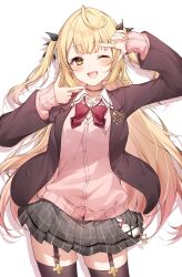Rule 34 | 1girl, :d, ahoge, black bow, black skirt, black thighhighs, blazer, blonde hair, blush, bow, bowtie, brown jacket, collared shirt, contrapposto, cowboy shot, finger frame, garter straps, hair bow, hands up, highres, hoshikawa sara, jacket, legs apart, long hair, long sleeves, looking at viewer, miniskirt, nijisanji, one eye closed, open clothes, open jacket, open mouth, pink sweater, plaid, plaid skirt, pleated skirt, red bow, red bowtie, school uniform, shirt, simple background, skirt, smile, solo, straight-on, sweater, thighhighs, two side up, v-neck, virtual youtuber, white background, white shirt, yellow eyes, zettai ryouiki, zky (oekaky)