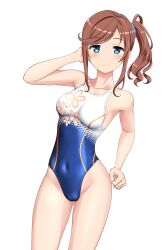 Rule 34 | 1girl, absurdres, blue eyes, breasts, brown hair, competition swimsuit, covered navel, floral print, hair ornament, hair scrunchie, high school fleet, highleg, highleg swimsuit, highres, ise sakura, long hair, looking at viewer, medium breasts, multicolored clothes, multicolored swimsuit, one-piece swimsuit, scrunchie, side ponytail, simple background, solo, standing, swimsuit, takafumi, variant set, white background